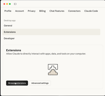 Claude Desktop Settings menu selecting Browse Extensions